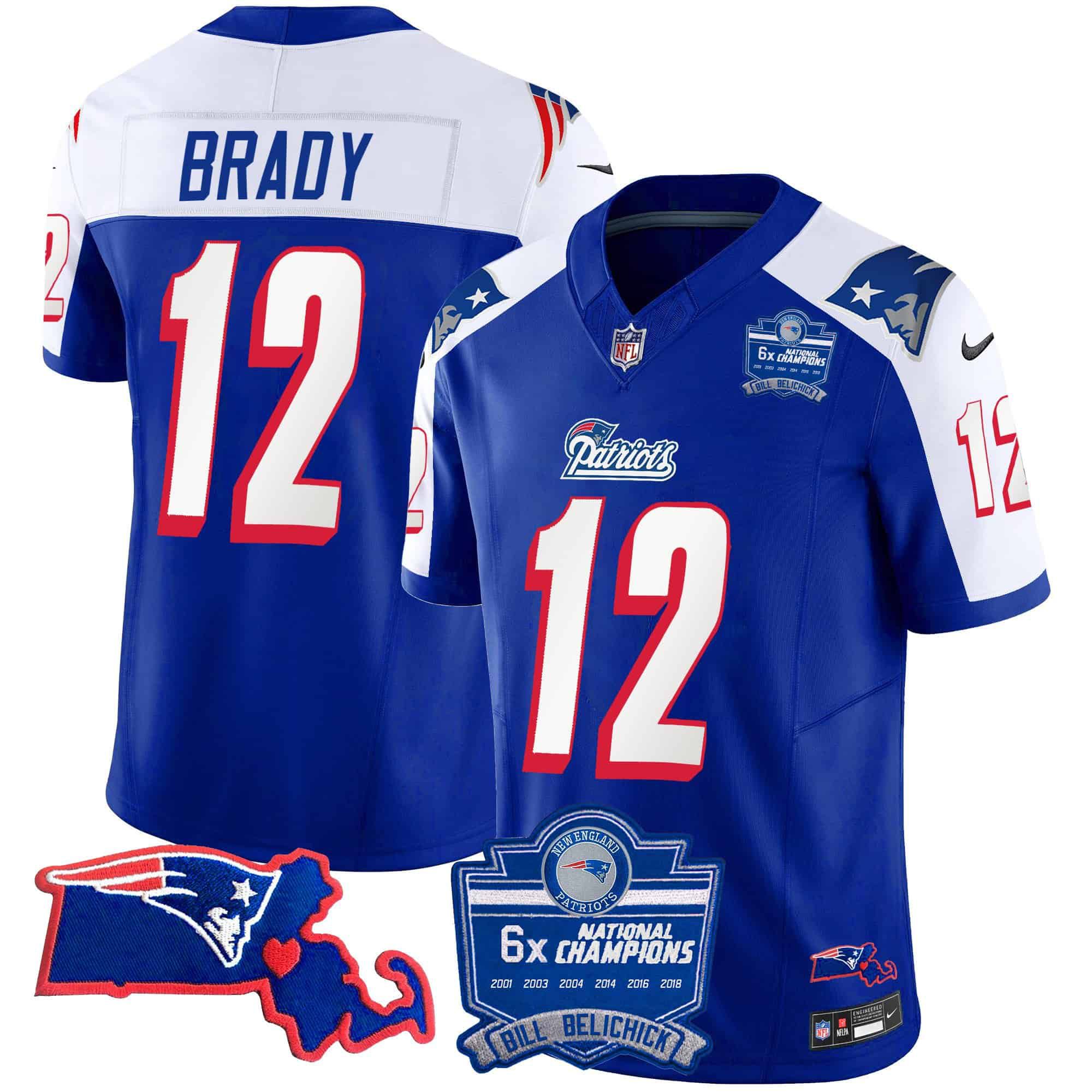 Men New England Patriots #12 Brady Blue 2024 Nike 6x Champions Patch Vapor Limited NFL Jersey